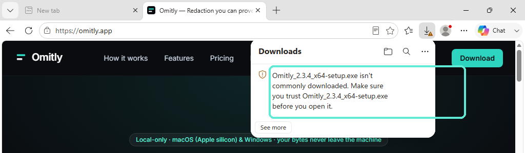 The Microsoft Edge Downloads panel showing the warning "Omitly_2.3.4_x64-setup.exe isn't commonly downloaded. Make sure you trust Omitly_2.3.4_x64-setup.exe before you open it." The warning entry is outlined to show where to right-click.