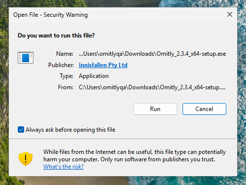 The Windows "Open File - Security Warning" dialog. It reads "Do you want to run this file?" and lists Publisher: Innisfallen Pty Ltd, Type: Application, with Run and Cancel buttons.