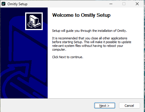The Omitly Setup wizard showing "Welcome to Omitly Setup".